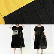 Modern o neck patchwork pockets cotton dresses black Dresses summer - SooLinen