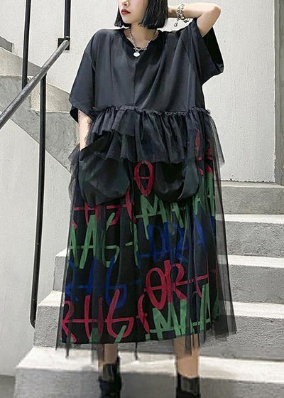 Modern o neck patchwork tulle cotton summer Tunics Inspiration black Maxi Dress - SooLinen