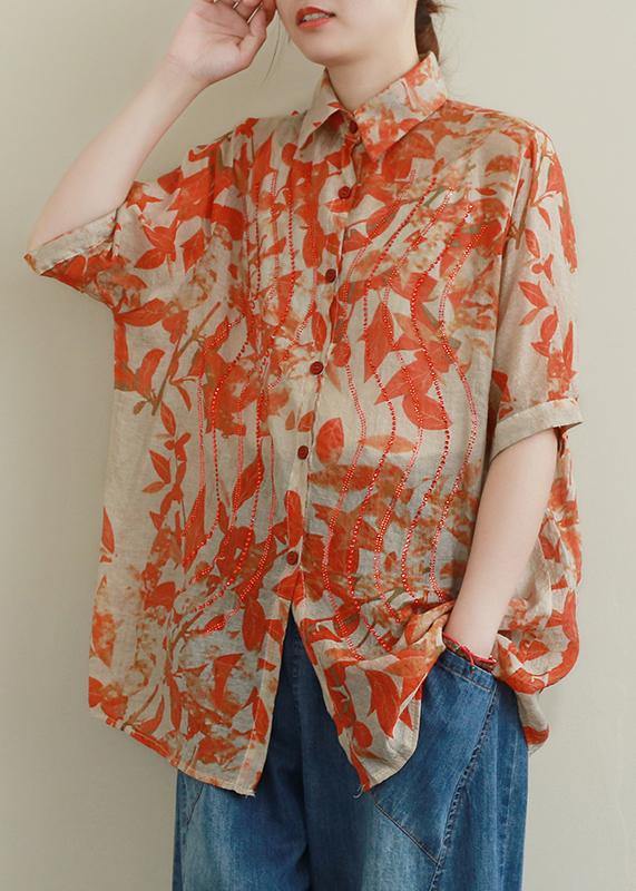 Modern orange Leaf print Shirts lapel Diamond silhouette shirt - SooLinen