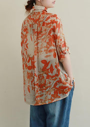 Modern orange Leaf print Shirts lapel Diamond silhouette shirt - SooLinen