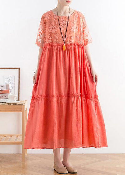 Modern orange cotton Tunic organza patchwork o neck long summer Dresses - SooLinen