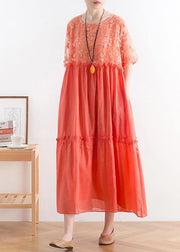 Modern orange cotton Tunic organza patchwork o neck long summer Dresses - SooLinen