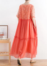 Modern orange cotton Tunic organza patchwork o neck long summer Dresses - SooLinen