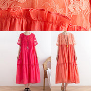 Modern orange cotton Tunic organza patchwork o neck long summer Dresses - SooLinen