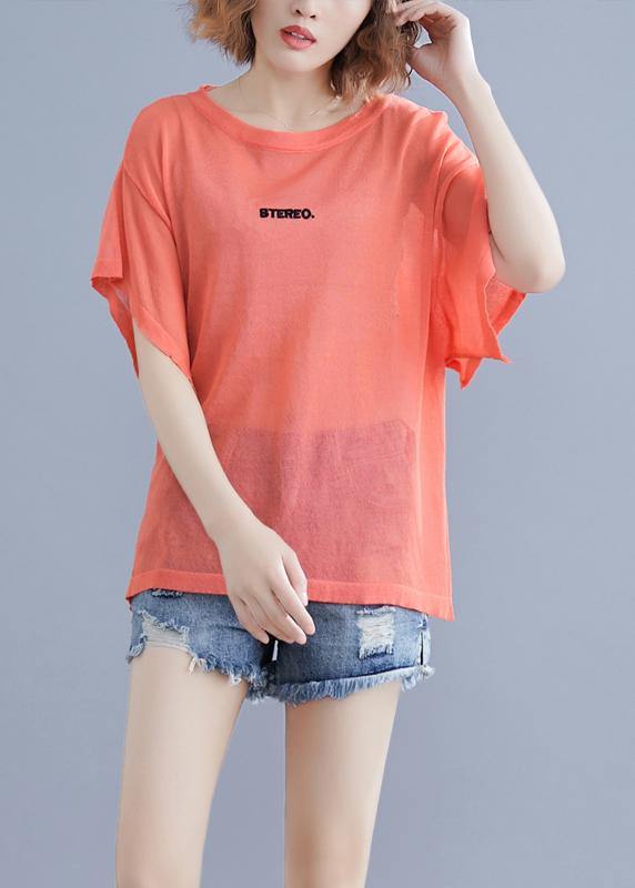 Modern orange cotton clothes For Women alphabet embroidery baggy summer blouse - SooLinen