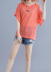 Modern orange cotton clothes For Women alphabet embroidery baggy summer blouse - SooLinen