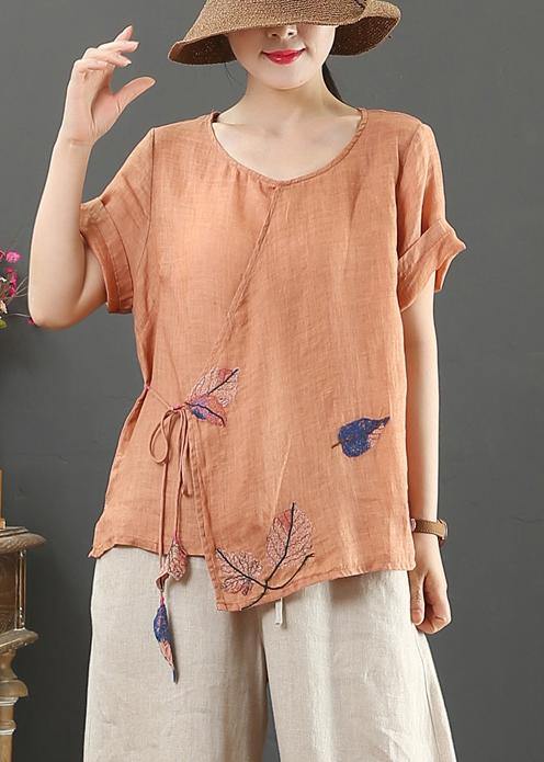 Modern orange print linen Blouse o neck short sleeve loose shirt - SooLinen