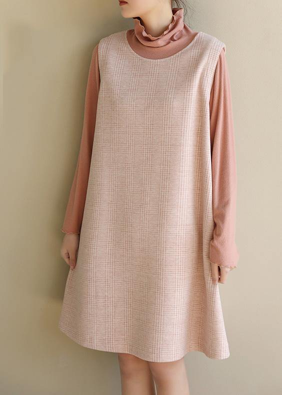 Modern pink cotton dresses false two pieces Robe high neck Dresses - SooLinen