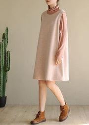 Modern pink cotton dresses false two pieces Robe high neck Dresses - SooLinen