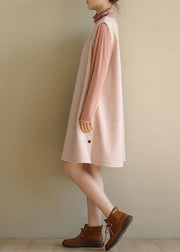 Modern pink cotton dresses false two pieces Robe high neck Dresses - SooLinen