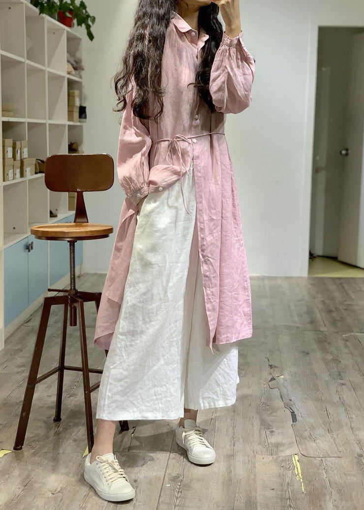 Modern pink lapel collar linen dresses long sleeve baggy fall Dress - SooLinen