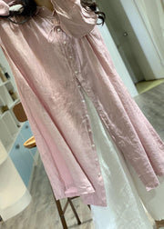 Modern pink lapel collar linen dresses long sleeve baggy fall Dress - SooLinen