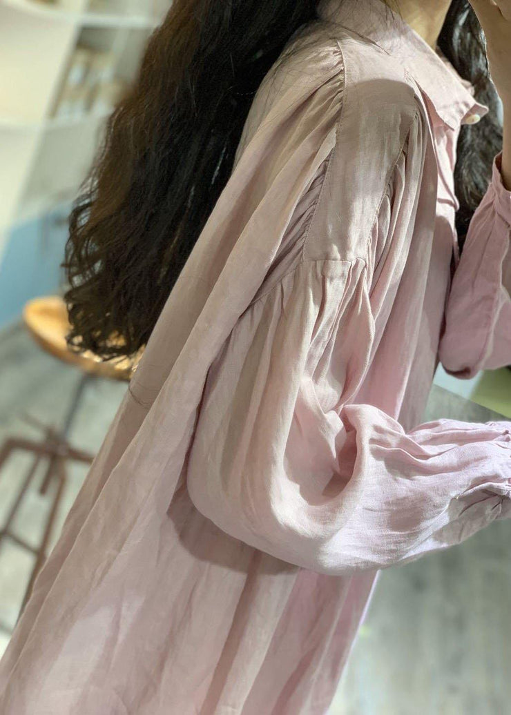 Modern pink lapel collar linen dresses long sleeve baggy fall Dress - SooLinen