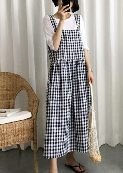 Modern plaid linen cotton quilting clothes Spaghetti Strap Cinched Kaftan Dress - SooLinen