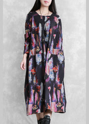 Modern print cotton dress o neck pockets Maxi Dresses - SooLinen