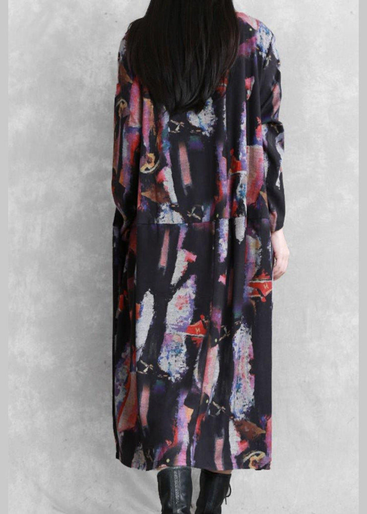 Modern print cotton dress o neck pockets Maxi Dresses - SooLinen