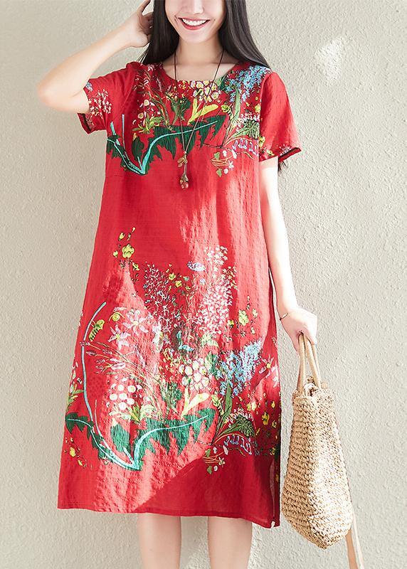 Modern print linen dresses Tunic Tops red Dress summer - SooLinen