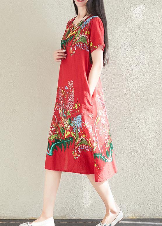 Modern print linen dresses Tunic Tops red Dress summer - SooLinen