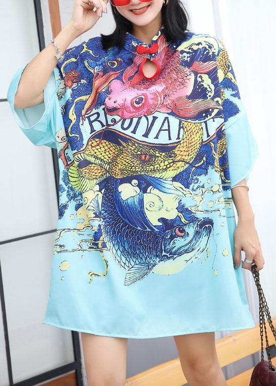 Modern prints Cotton clothes Sewing blue Chinese Button Dress summer - SooLinen