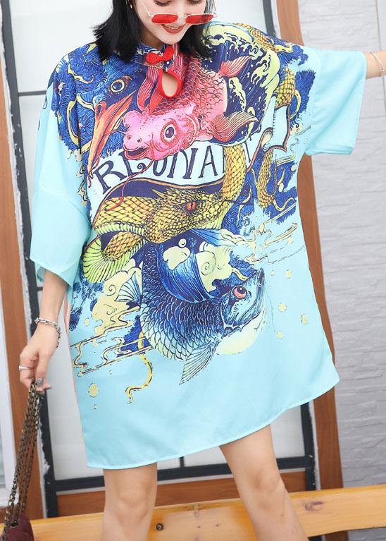 Modern prints Cotton clothes Sewing blue Chinese Button Dress summer - SooLinen