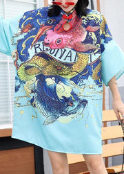 Modern prints Cotton clothes Sewing blue Chinese Button Dress summer - SooLinen