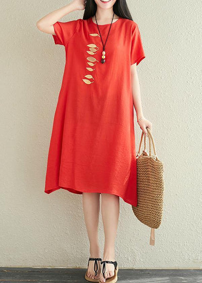 Modern red linen dress o neck embroidery Midi summer Dress - SooLinen