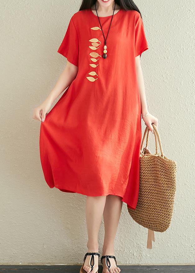 Modern red linen dress o neck embroidery Midi summer Dress - SooLinen