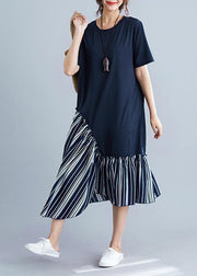 Modern short sleeve cotton dresses Tutorials blue patchwork Robe Dress summer - SooLinen