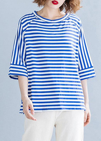 Modern side open cotton shirts Wardrobes blue striped blouses summer - SooLinen