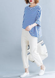 Modern side open cotton shirts Wardrobes blue striped blouses summer - SooLinen