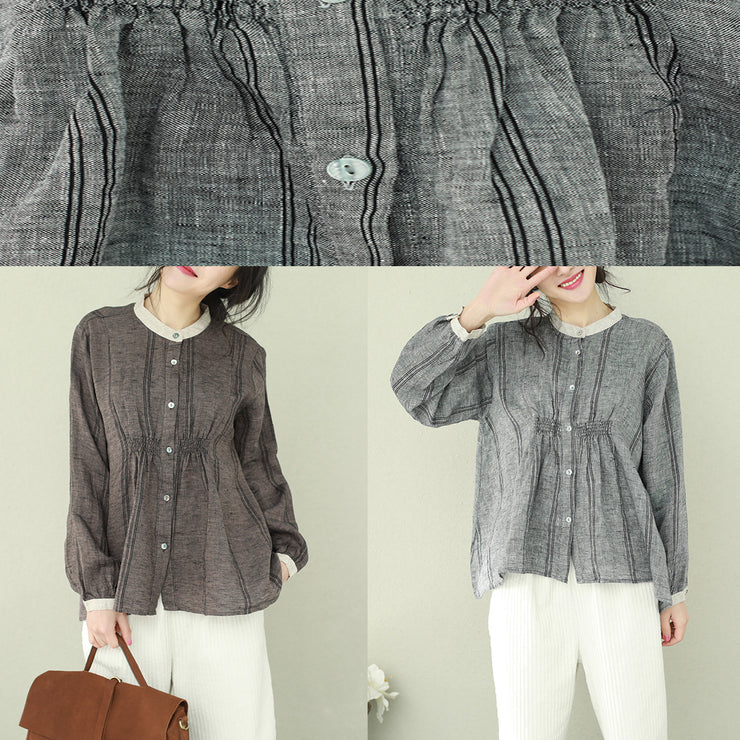 Modern stand collar linen crane tops Pakistani Sleeve brown short blouse