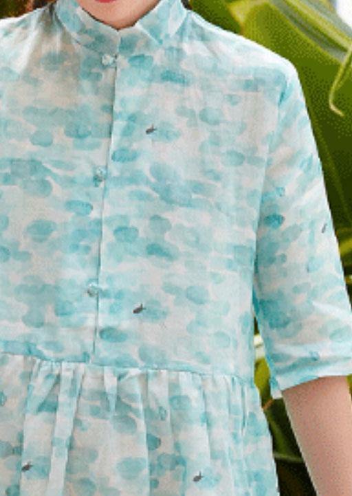 Modern stand collar patchwork linen clothes For Women Shape blue green print Dresses summer - SooLinen