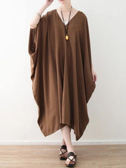 Modern v neck asymmetric clothes Women Runway chocolate loose Dress summer - SooLinen