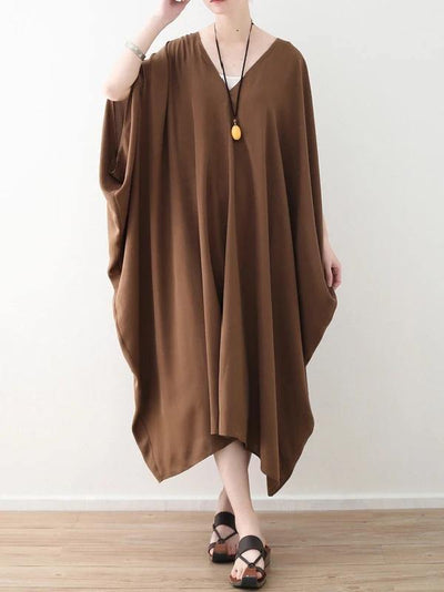 Modern v neck asymmetric clothes Women Runway chocolate loose Dress summer - SooLinen