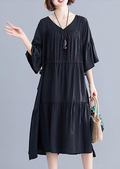 Modern v neck drawstring Cotton dresses Wardrobes black Dress summer - SooLinen