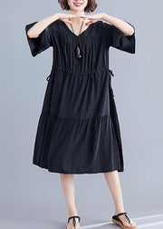 Modern v neck drawstring Cotton dresses Wardrobes black Dress summer - SooLinen