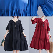 Modern v neck drawstring Cotton dresses Wardrobes black Dress summer - SooLinen