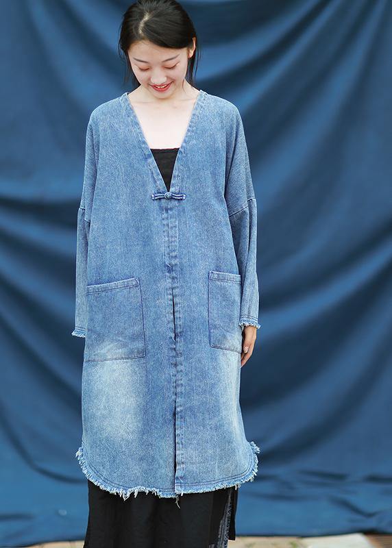 Modern v neck quilting dresses denim blue embroidery Dress - SooLinen