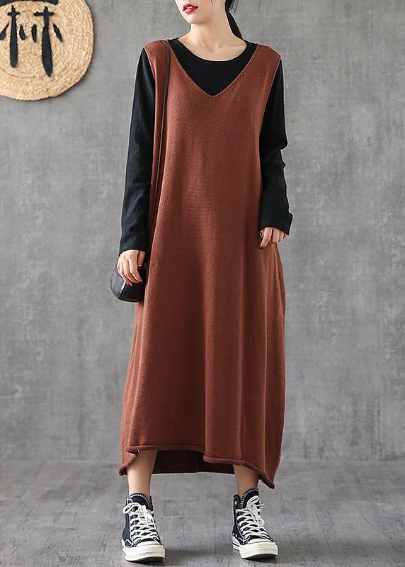 Modern v neck sleeveless quilting clothes Photography chocolate Maxi Dresses - SooLinen