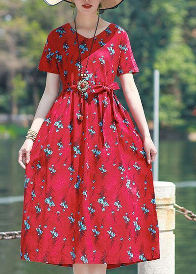 Modern v neck tie waist linen cotton clothes Work red print Dress summer - SooLinen