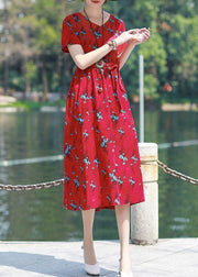 Modern v neck tie waist linen cotton clothes Work red print Dress summer - SooLinen