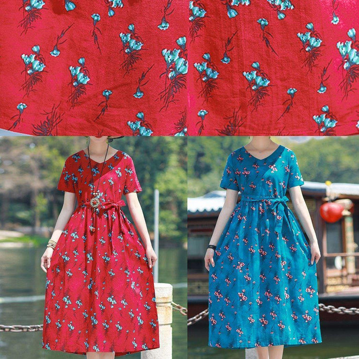 Modern v neck tie waist linen cotton clothes Work red print Dress summer - SooLinen