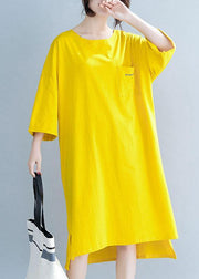 Modern yellow Cotton clothes For Women o neck half sleeve tunic Dress - SooLinen