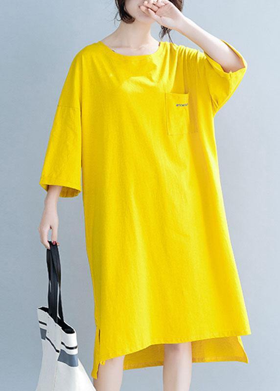 Modern yellow Cotton clothes For Women o neck half sleeve tunic Dress - SooLinen