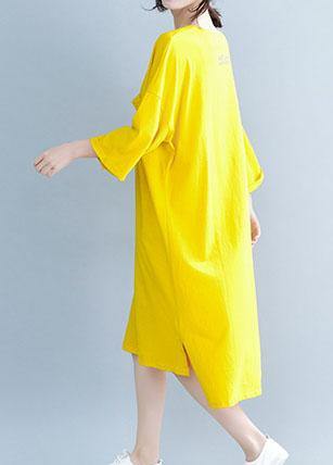 Modern yellow Cotton clothes For Women o neck half sleeve tunic Dress - SooLinen