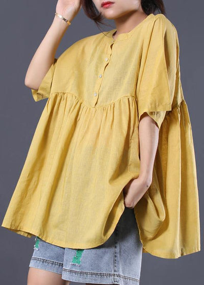 Modern yellow cotton clothes For Women Photography Cinched summer blouses - SooLinen