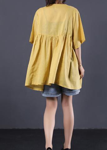 Modern yellow cotton clothes For Women Photography Cinched summer blouses - SooLinen