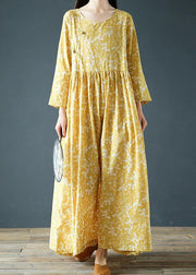 Modern yellow print dresses o neck Chinese Button robes fall Dress - SooLinen