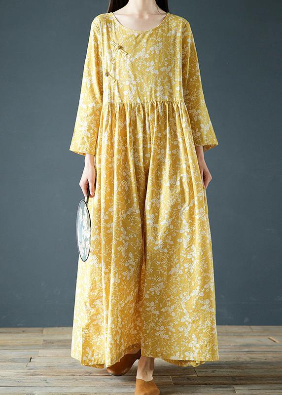 Modern yellow print dresses o neck Chinese Button robes fall Dress - SooLinen