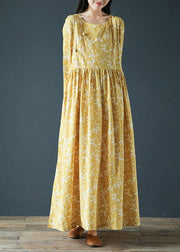 Modern yellow print dresses o neck Chinese Button robes fall Dress - SooLinen